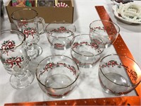 5 Christmas bowls & 2 matching glasses