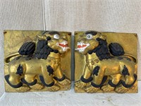 Pair Chinese Foo Lion Painted Wall Reliefs