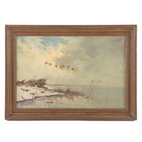 G. Stevens. Geese Flying over a Marsh, oil