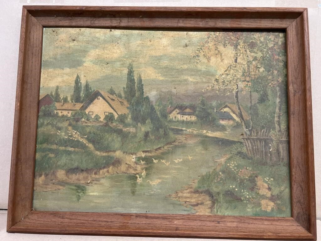 Painting on board "Houses & Ducks in water"