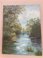Painting oob "River Scene w/Swans" signed Wright