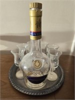 Silver plated plate with VSOP bottle and 6 cup