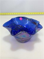 Art glass dish ruffled edge. Blue iridescent with