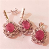 $580 Silver Rhodium Plated Ruby(9.6ct) Set
