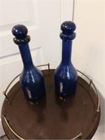 2 blue artglass decanters with stoppers.
