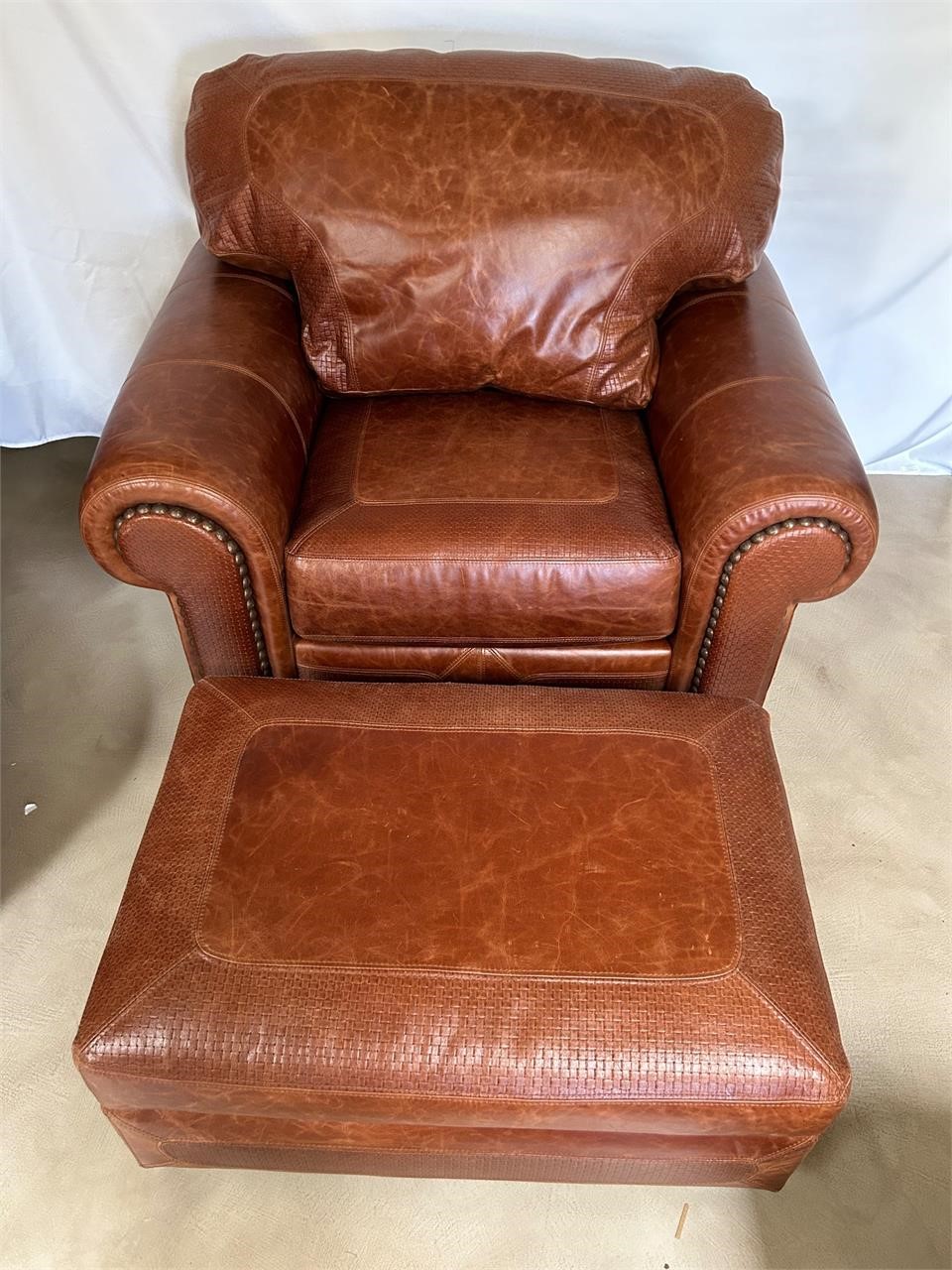 Stickley Brown Leather Oversized Chair & Ottoman
