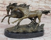 2 Horses Running Bronze Statue On Marble Base