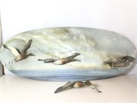 Oval wildlife Diorama, metal Ducks in flight over