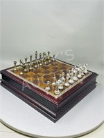 wood case chess board w/ metal pieces - 12"