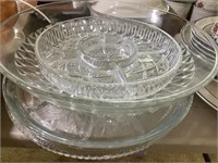 3 glass platters and relish tray