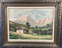Swedish Alps Chalet Landscape Oil On Canvas