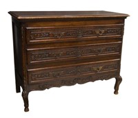 LOUIS XV STYLE CARVED OAK THREE DRAWER COMMODE