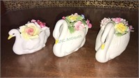 Three English bone china swans with the flowers,