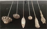 6 antique silver hat pins - Art Nouveau, etc. -