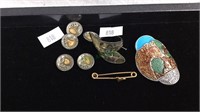 Group lot of jewelry & buttons, A pin, 925 ring,