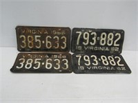 2 Pair VA License Plates 1962 + 1966
