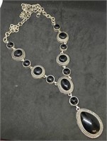Large Silver-Tone Drop Necklace With Black Stones