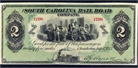 1873 $2 South Carolina Rail Road Fare Ticket