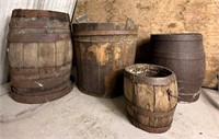 3 Nail Kegs & Wooden Bucket