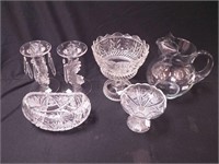 Six crystal items: pair of 7 1/4" Baroque pattern