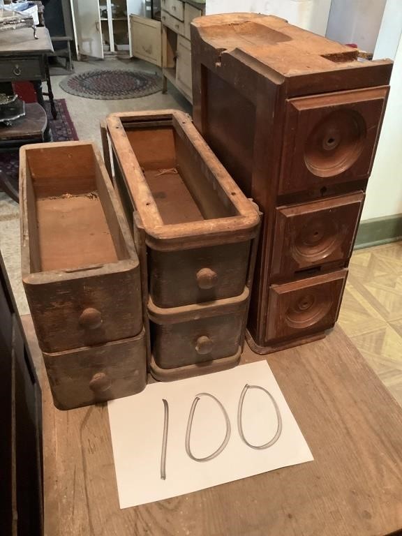 A LOT OF SEVEN TREADLE SEWING MACHINE DRAWERS