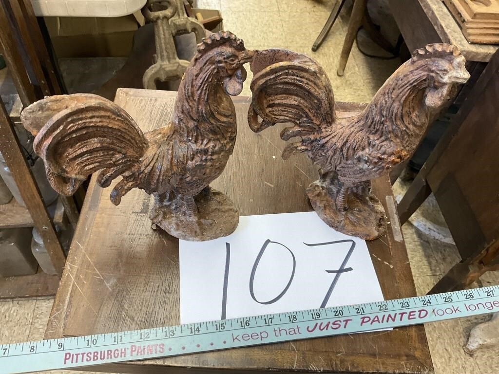 TWO REPRODUCTION CAST ROOSTERS