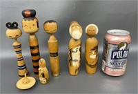 Group Japanese wooden Kokeshi dolls, handpainted,