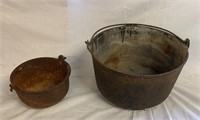 2). Vintage Cast Iron Pots 8” H x 14” D & 5” H x