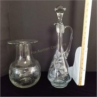 Etched Glass Decanter  & Vase