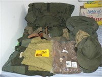 2 MILITARY DUFFEL BAGS, GROUP OF MILITARY HATS,