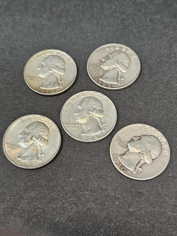 5 - WASHINGTON QUARTERS 90% SILVER