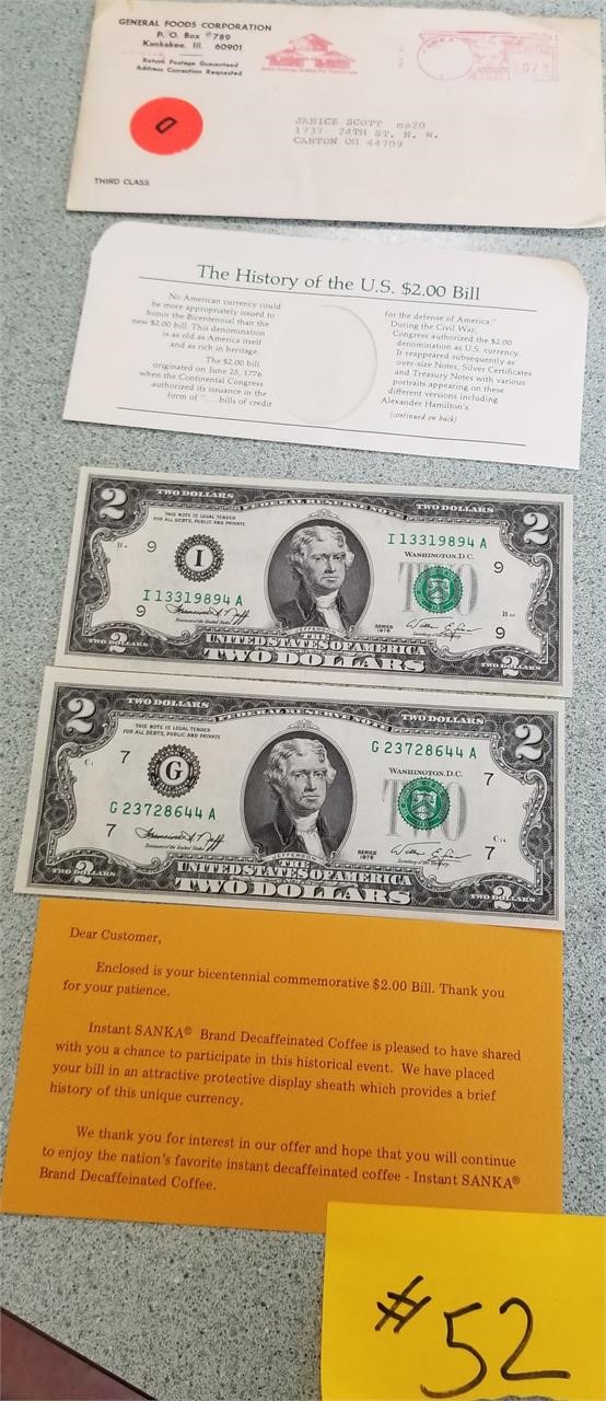2 Bicentennial $2 Dollar Bills with unusual