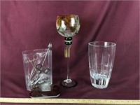 Crackled Art Glass Goblet And 2 Glass Pitchers