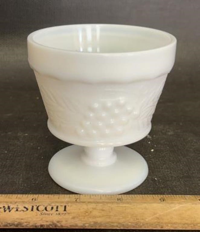 VINTAGE MILK GLASS SHERBERT DISH-GRAPE DESIGN