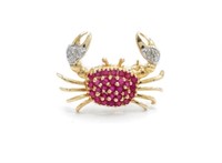 Gemstone & diamond set gold crab brooch