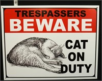 Metal Beware Cat On Duty sign