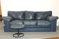 Navy Leather Sofa and Foot Stool