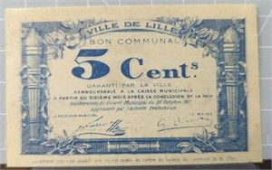 1917 5 cent Ville De Lille Bank note