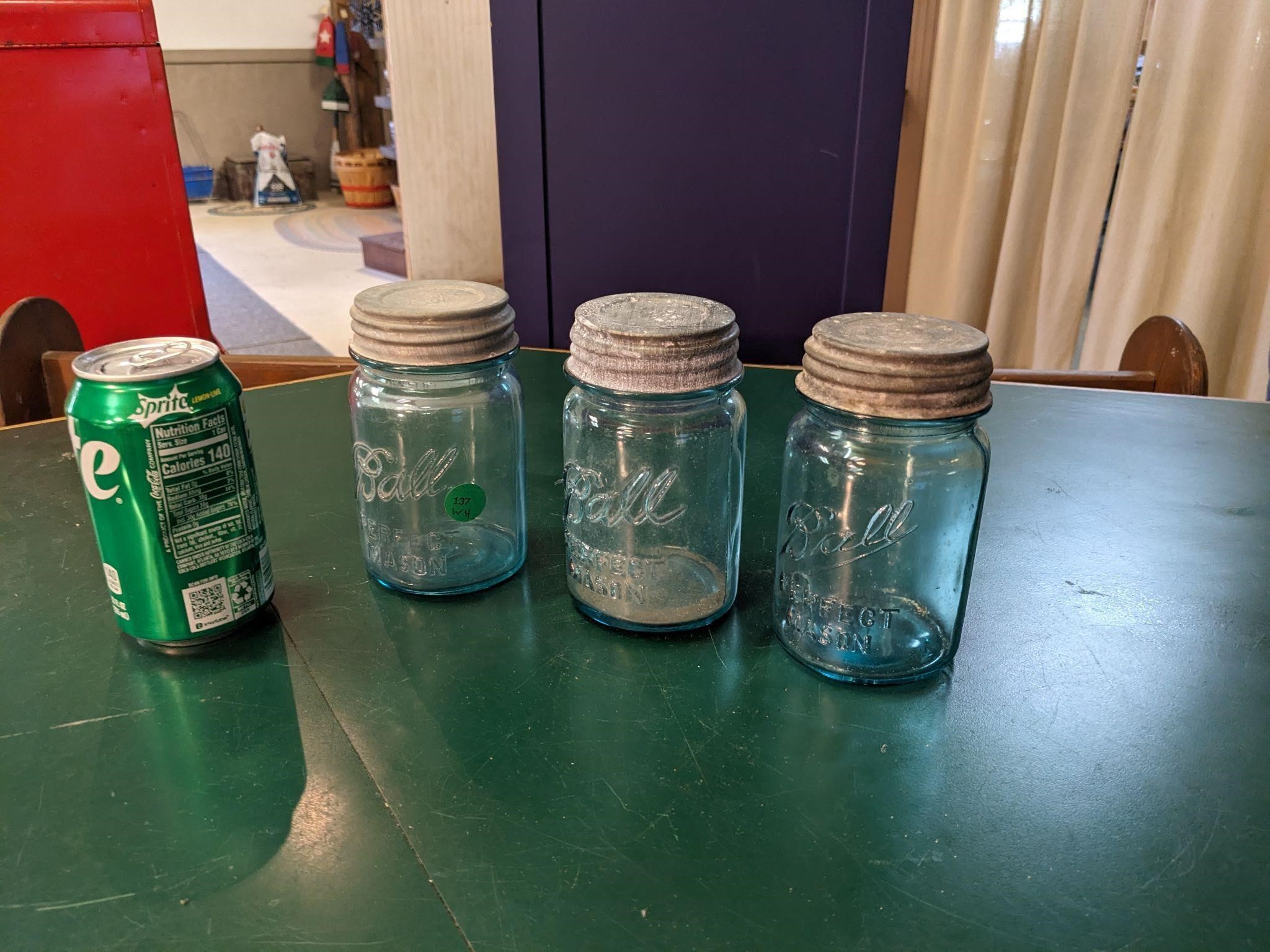 3 VTG Blue Glass Mason Jars