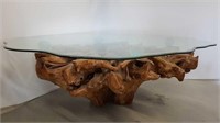 VERY LARGE TEAK STUMP TABLE WITH GLASS TOP