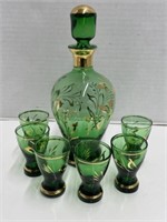 Small Decanter & 6 Cups - Green Glass with Gold