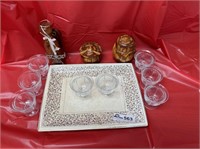 Platter and 8 sherbert dishes and 3 wooden pieces