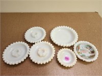 6 Milk Glass Candle Holders and DIshes