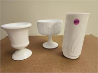 3 Milk Glass Vases and Stemed Bowls