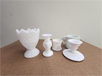 5 Milk Glass Candle Holders and Cups