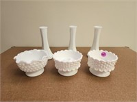 3 Milk Glass Candle Holders and 3 Vases