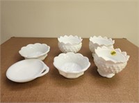 3 Milk Glass Canled Holders and 3 Bowls