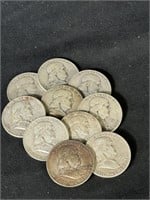 Lot of 11  Franklin Half Dollars 1948-1954