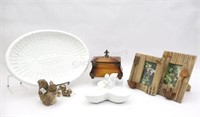 Oval White Platter, Wood Box, Frames, Figurines