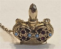 Tiny Perfume Bottle Gold Tone Blue Pearls Crown